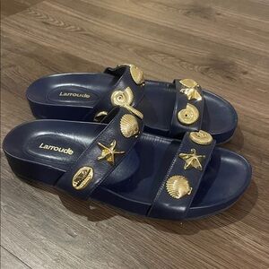Larroudé Navy Sandal Slides with Gold Shell Accents